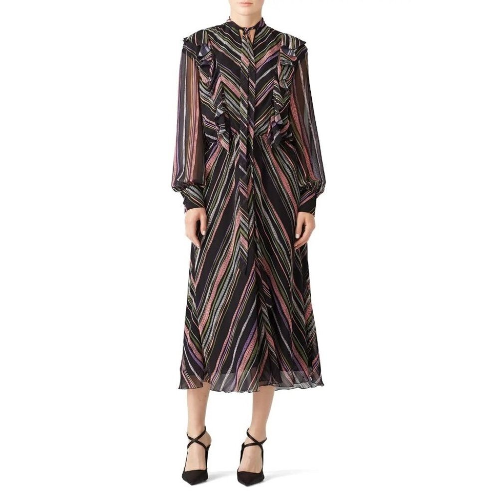 Giamba Black Stripe Ruffle Blouson Midi Dress $1335 - Picture 3 of 15